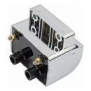 Late OEM style ignition coil. 12v, 4 ohm. Chrome